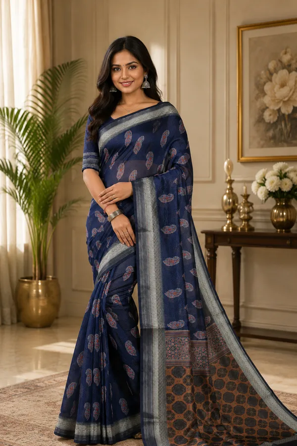 Blue_Organza_Silk_Saree_With_Silver_Zari_Border_And_Blouse_Piece