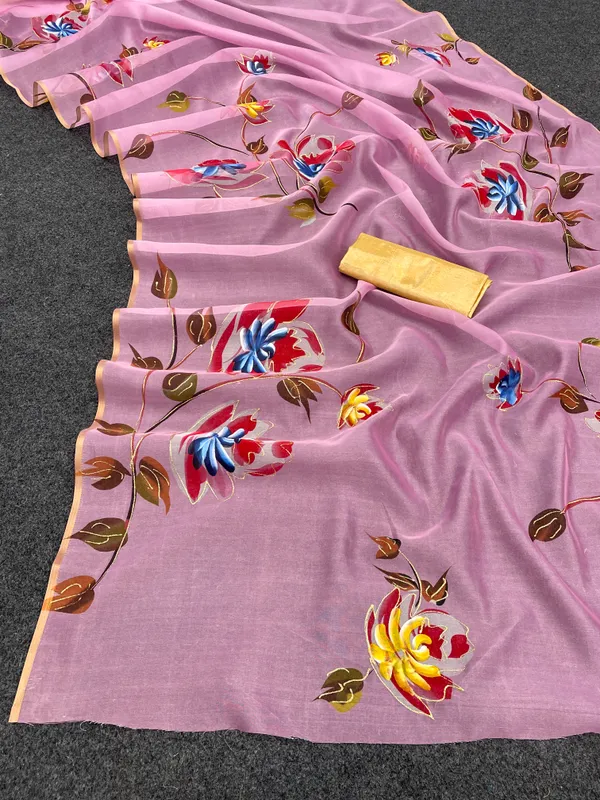 Pink_Organza_Silk_Saree_With_Golden_Zari_Border_And_Brocade_Blouse_Piece