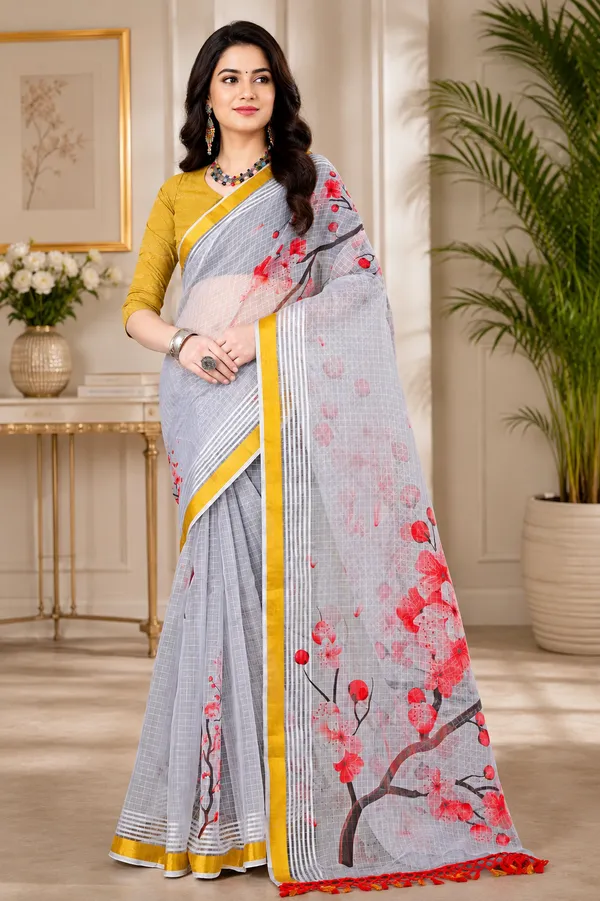 Grey_Organza_Chex_Saree_With_Golden_Zari_Border_And_Brocade_Blouse_Piece