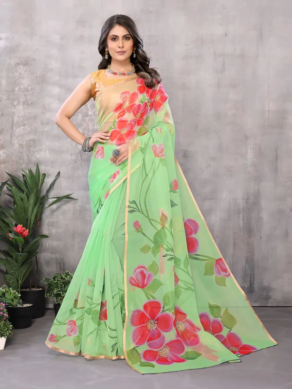 Green_Organza_Silk_Saree_With_Golden_Zari_Border_And_Brocade_Blouse_Piece