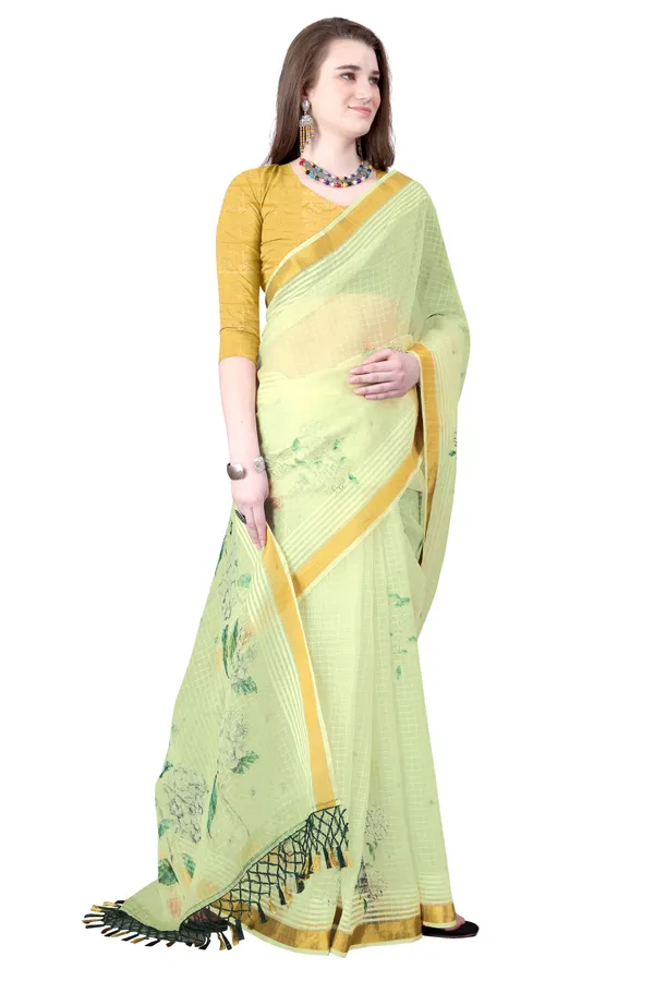 Yellow_Organza_Chex_Saree_With_Golden_Zari_Border_And_Brocade_Blouse_Piece