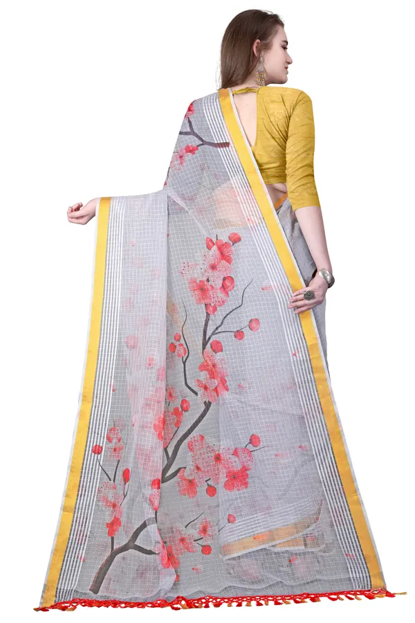 Grey_Organza_Chex_Saree_With_Golden_Zari_Border_And_Brocade_Blouse_Piece