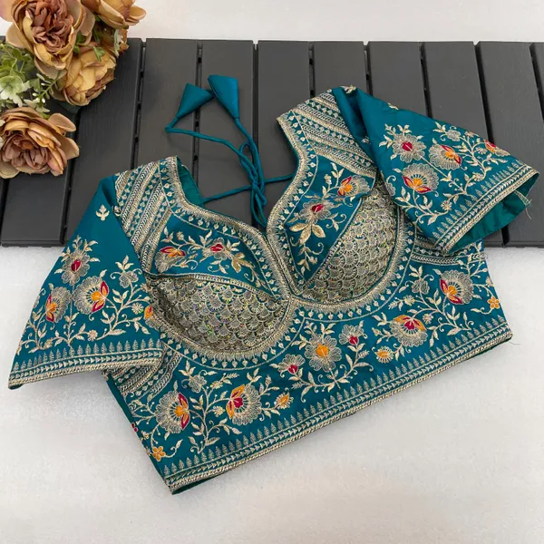 Green_Mullti_Sequence_Floral_Self_Design_Embroidery_Work_Free_Size_Stitched_Blouse