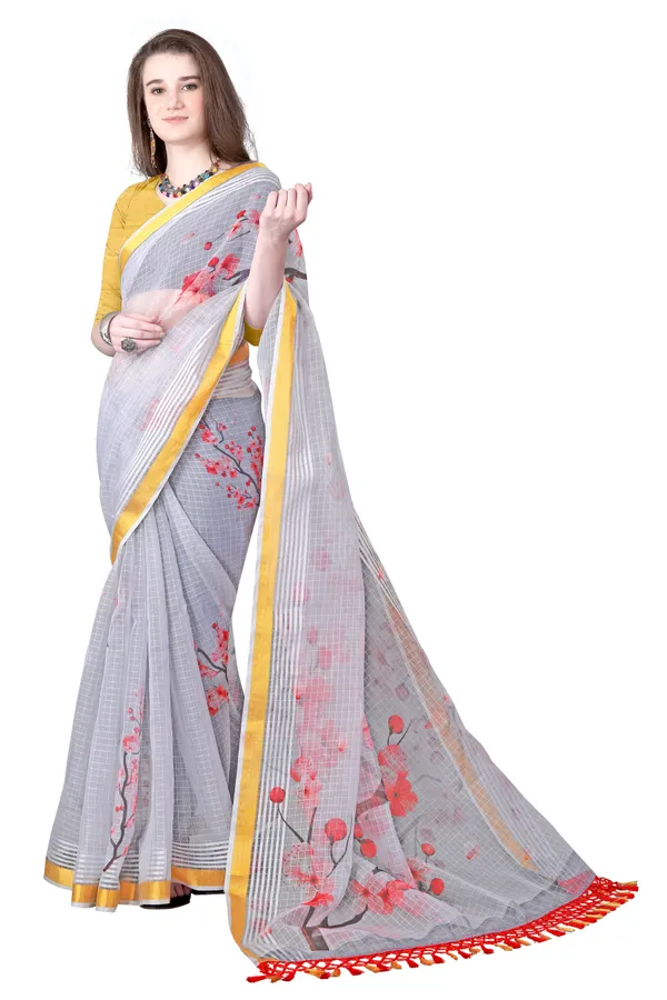 Grey_Organza_Chex_Saree_With_Golden_Zari_Border_And_Brocade_Blouse_Piece