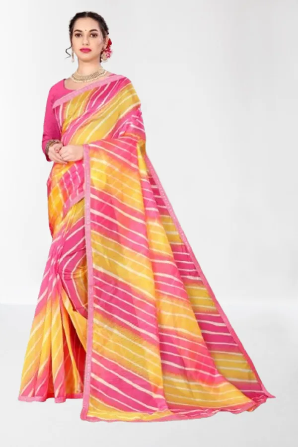 Pink_And_Yellow_Organza_Silk_Saree_With_Satin_Blouse_Piece