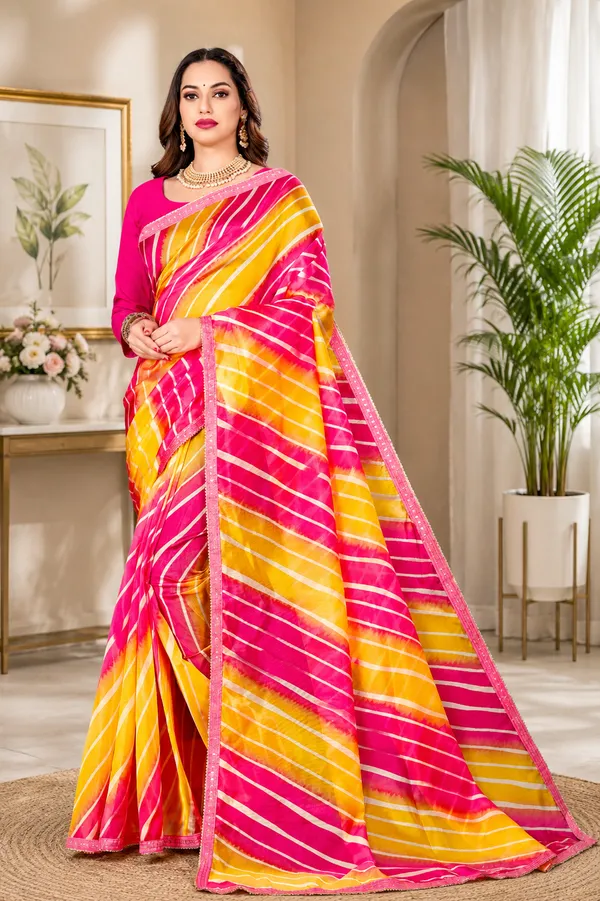 Pink_And_Yellow_Organza_Silk_Saree_With_Satin_Blouse_Piece