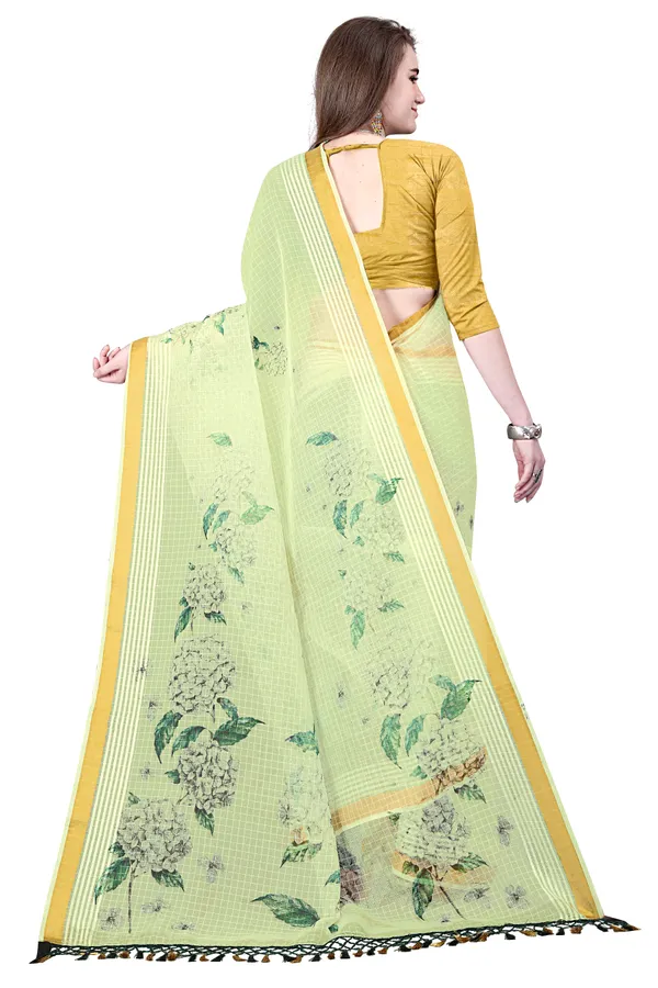 Yellow_Organza_Chex_Saree_With_Golden_Zari_Border_And_Brocade_Blouse_Piece