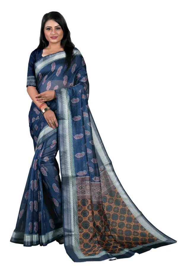 Blue_Organza_Silk_Saree_With_Silver_Zari_Border_And_Blouse_Piece