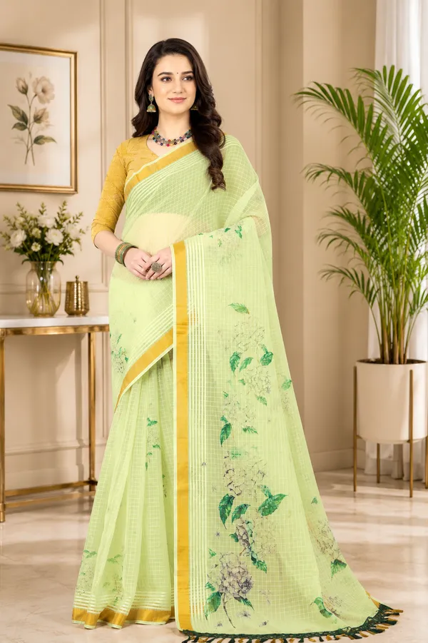 Yellow_Organza_Chex_Saree_With_Golden_Zari_Border_And_Brocade_Blouse_Piece