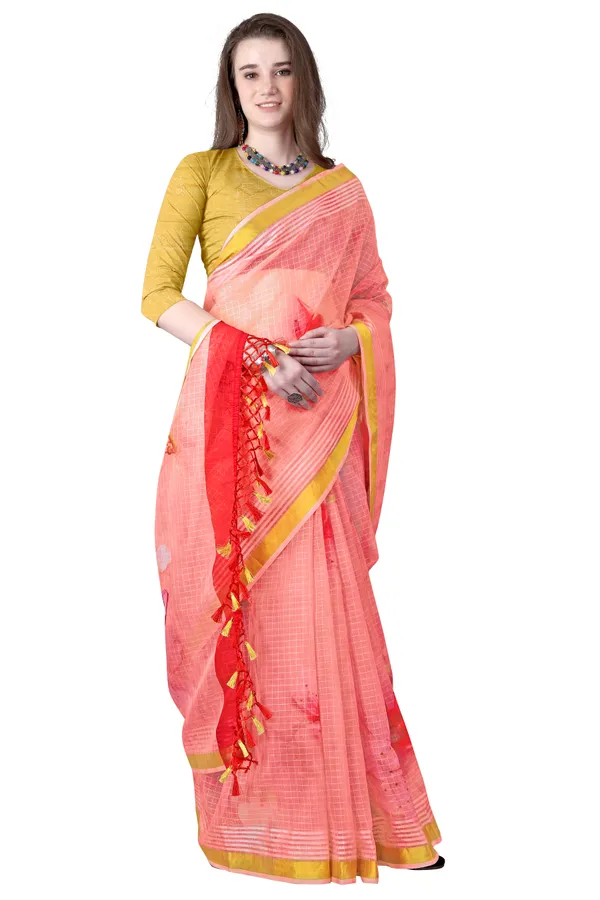 Pink_Organza_Chex_Saree_With_Golden_Zari_Border_And_Brocade_Blouse_Piece