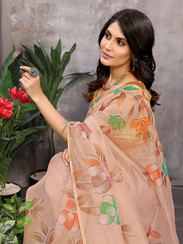 Brown_Organza_Silk_Saree_With_Golden_Zari_Border_And_Brocade_Blouse_Piece