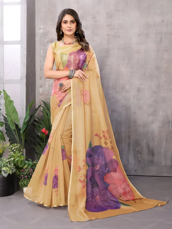 Yellow_Organza_Silk_Saree_With_Golden_Zari_Border_And_Brocade_Blouse_Piece