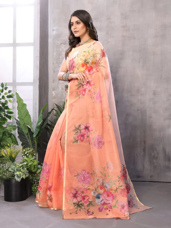Pink_Organza_Silk_Saree_With_Golden_Zari_Border_And_Brocade_Blouse_Piece