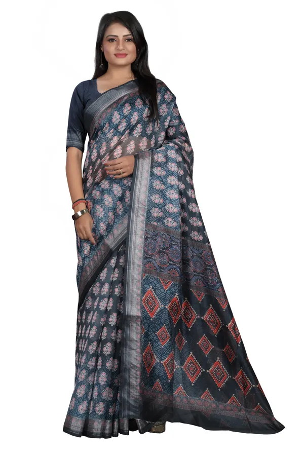 Blue_Organza_Silk_Saree_With_Silver_Zari_Border_And_Blouse_Piece