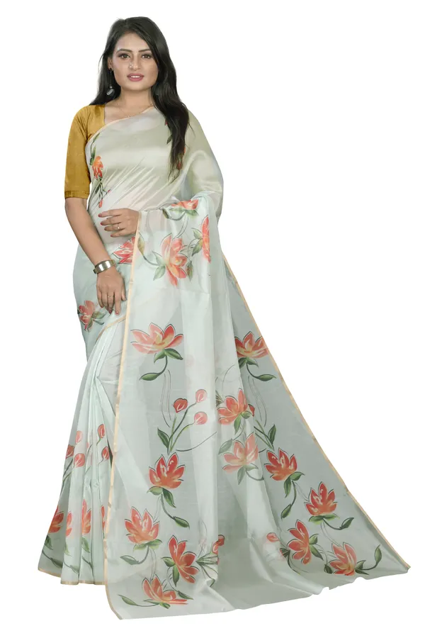 Cream_Organza_Silk_Saree_With_Golden_Zari_Border_And_Brocade_Blouse_Piece