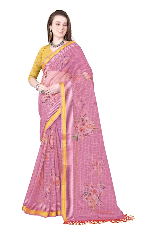 Pink_Organza_Chex_Saree_With_Brocade_Blouse_Piece