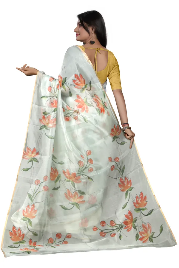 Cream_Organza_Silk_Saree_With_Golden_Zari_Border_And_Brocade_Blouse_Piece