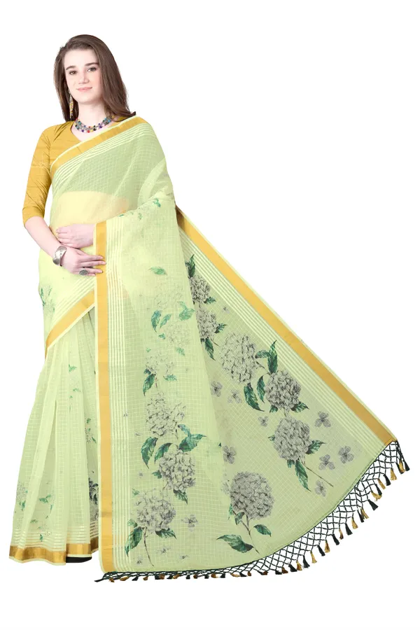 Yellow_Organza_Chex_Saree_With_Golden_Zari_Border_And_Brocade_Blouse_Piece