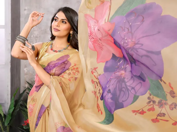 Yellow_Organza_Silk_Saree_With_Golden_Zari_Border_And_Brocade_Blouse_Piece