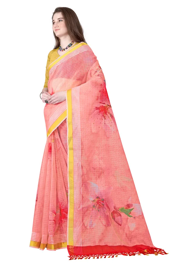 Pink_Organza_Chex_Saree_With_Golden_Zari_Border_And_Brocade_Blouse_Piece