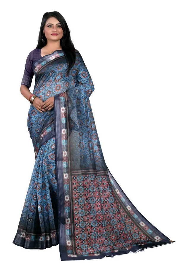 Blue_Organza_Silk_Saree_With_Silver_Zari_Border_And_Blouse_Piece