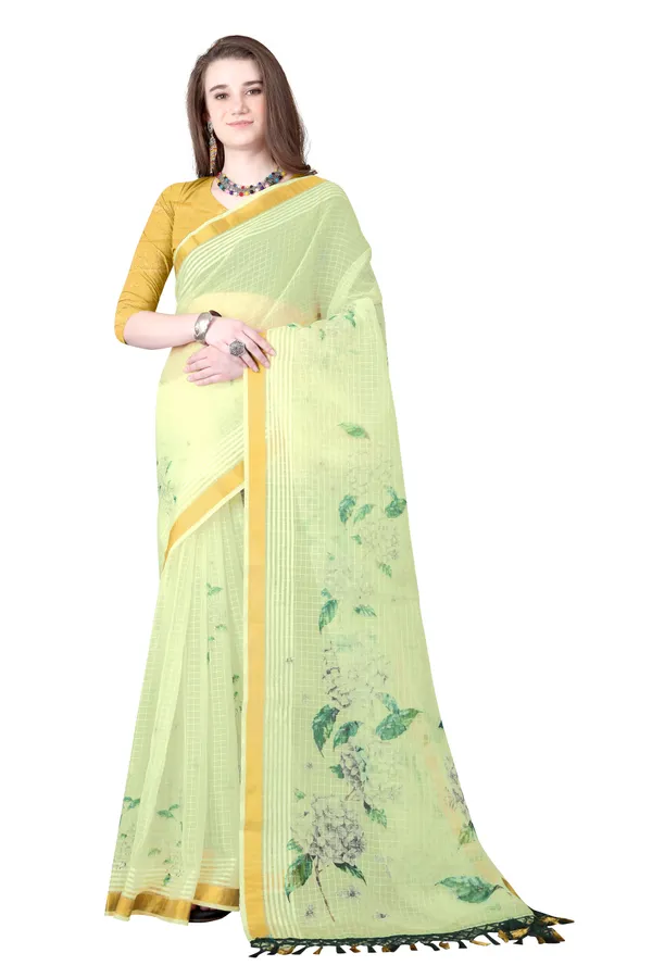 Yellow_Organza_Chex_Saree_With_Golden_Zari_Border_And_Brocade_Blouse_Piece