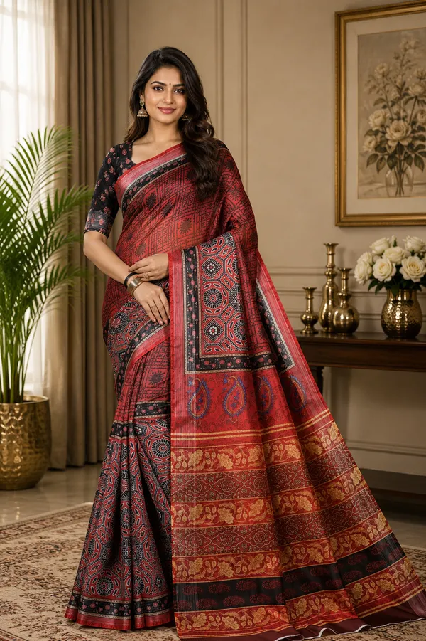 Red_Organza_Silk_Saree_With_Silver_Zari_Border_And_Blouse_Piece