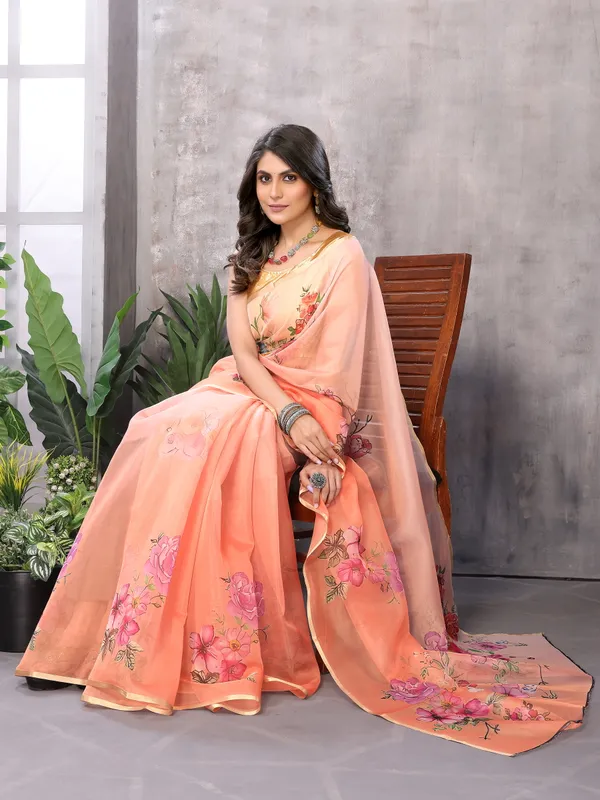 Pink_Organza_Silk_Saree_With_Golden_Zari_Border_And_Brocade_Blouse_Piece