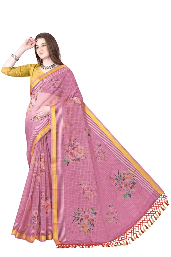 Pink_Organza_Chex_Saree_With_Brocade_Blouse_Piece