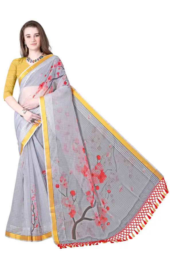 Grey_Organza_Chex_Saree_With_Golden_Zari_Border_And_Brocade_Blouse_Piece