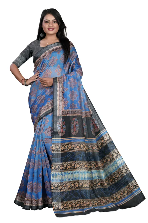 Blue_Organza_Silk_Saree_With_Silver_Zari_Border_And_Blouse_Piece