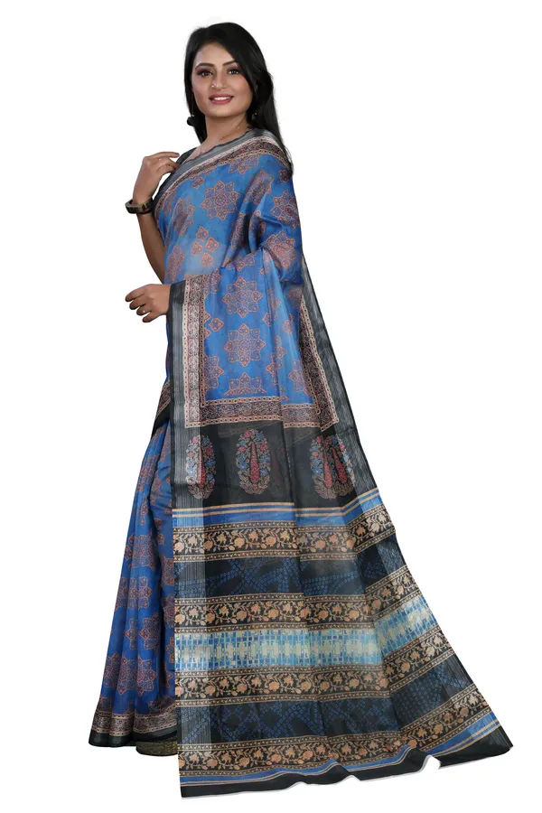 Blue_Organza_Silk_Saree_With_Silver_Zari_Border_And_Blouse_Piece