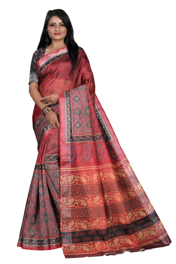 Red_Organza_Silk_Saree_With_Silver_Zari_Border_And_Blouse_Piece