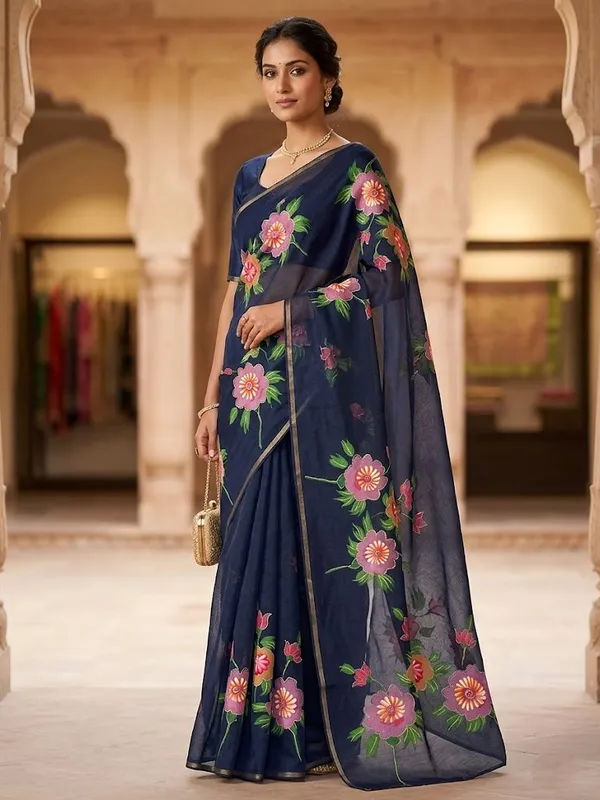 Navy_Blue_Organza_Silk_Saree_With_Golden_Zari_Border_And_Brocade_Blouse_Piece