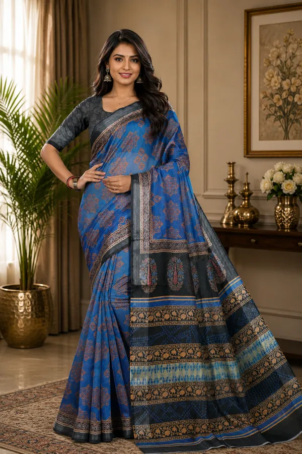 Blue_Organza_Silk_Saree_With_Silver_Zari_Border_And_Blouse_Piece