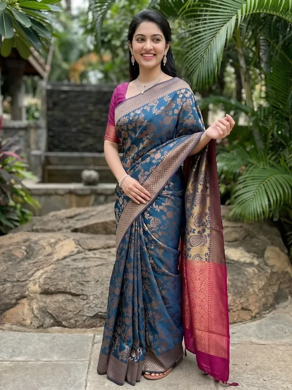 Royal_Teal_Blue_and_Magenta_Banarasi_Silk_Saree_|_Festive_Jacquard_Weave_with_Border_&_Contrast_Pallu