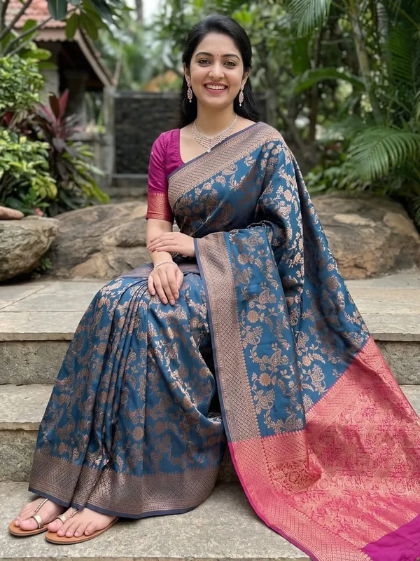 Royal_Teal_Blue_and_Magenta_Banarasi_Silk_Saree_|_Festive_Jacquard_Weave_with_Border_&_Contrast_Pallu