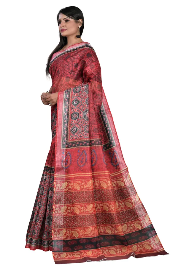 Red_Organza_Silk_Saree_With_Silver_Zari_Border_And_Blouse_Piece