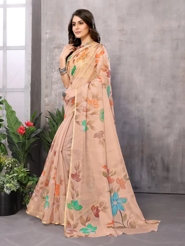 Brown_Organza_Silk_Saree_With_Golden_Zari_Border_And_Brocade_Blouse_Piece