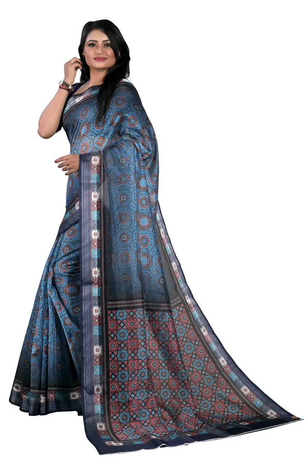 Blue_Organza_Silk_Saree_With_Silver_Zari_Border_And_Blouse_Piece