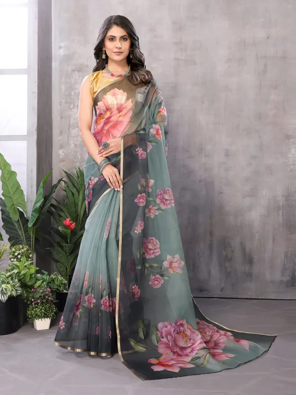 Green_Organza_Silk_Saree_With_Golden_Zari_Border_And_Brocade_Blouse_Piece
