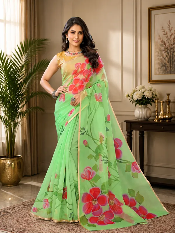Green_Organza_Silk_Saree_With_Golden_Zari_Border_And_Brocade_Blouse_Piece