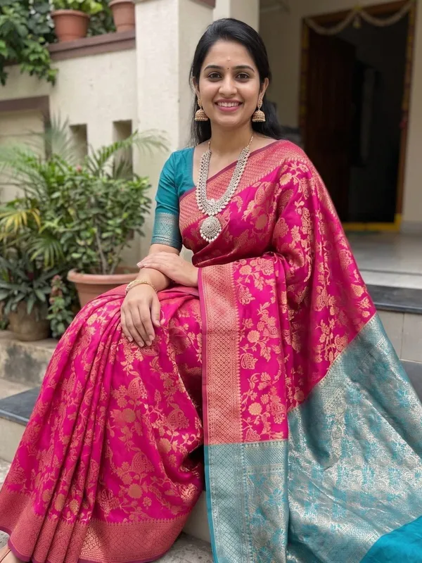 Women’s_Pink_&_Turquoise_Floral_Zari_Woven_Saree_with_Designer_Border_&_Contrast_Pallu