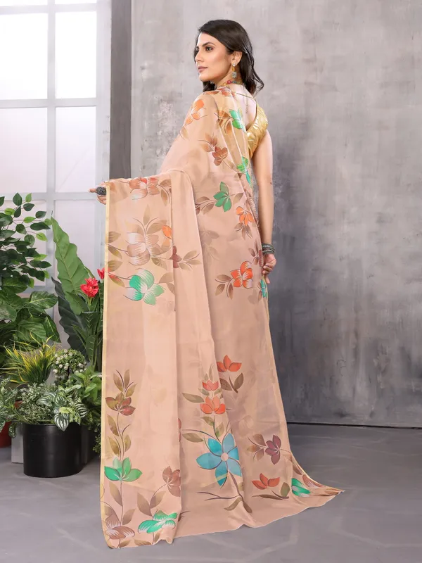 Brown_Organza_Silk_Saree_With_Golden_Zari_Border_And_Brocade_Blouse_Piece