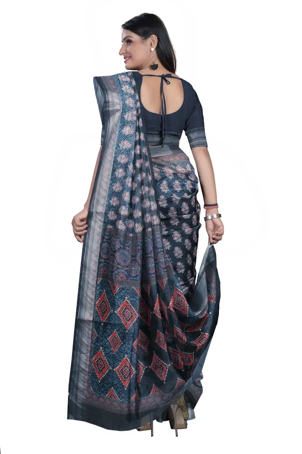 Blue_Organza_Silk_Saree_With_Silver_Zari_Border_And_Blouse_Piece