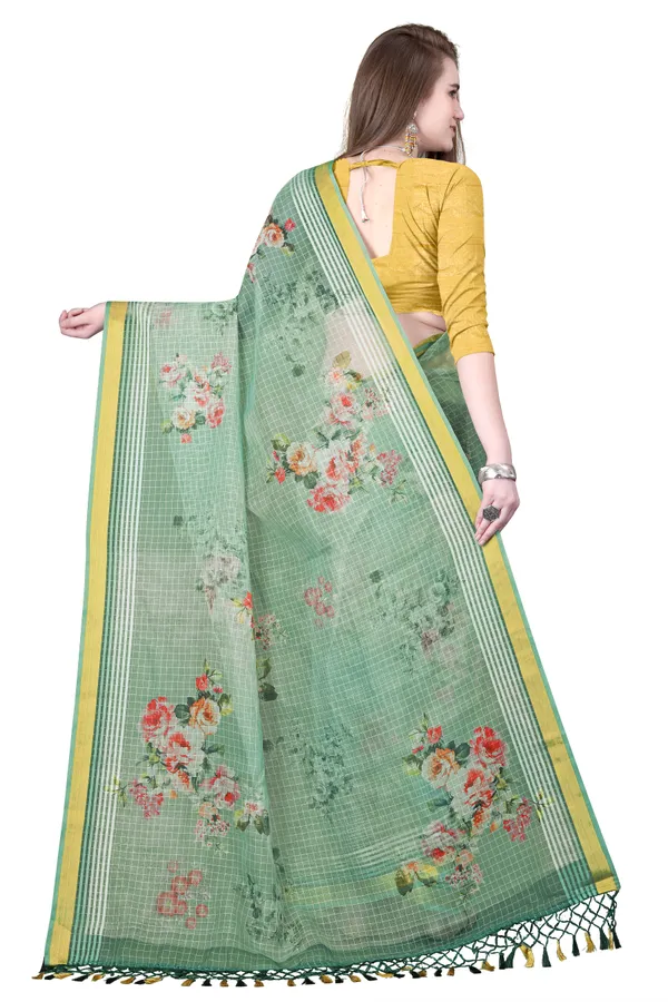 Green_Organza_Chex_Saree_With_Golden_Zari_Border_And_Brocade_Blouse_Piece