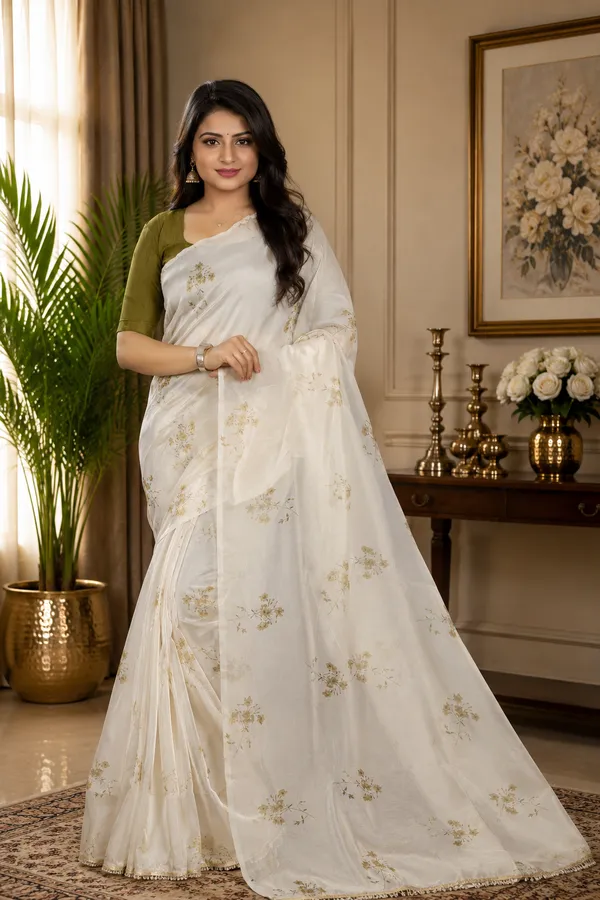 Yellow_Organza_Silk_Saree_With_Banglori_Blouse_Piece