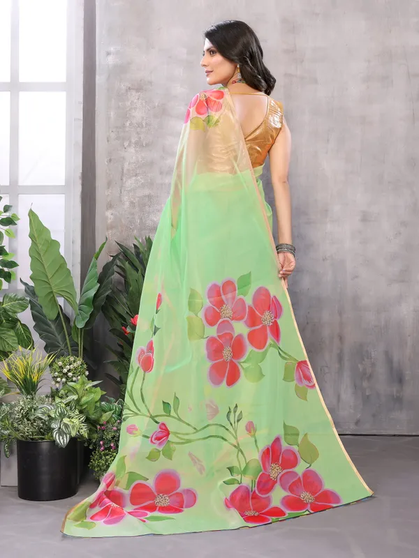 Green_Organza_Silk_Saree_With_Golden_Zari_Border_And_Brocade_Blouse_Piece