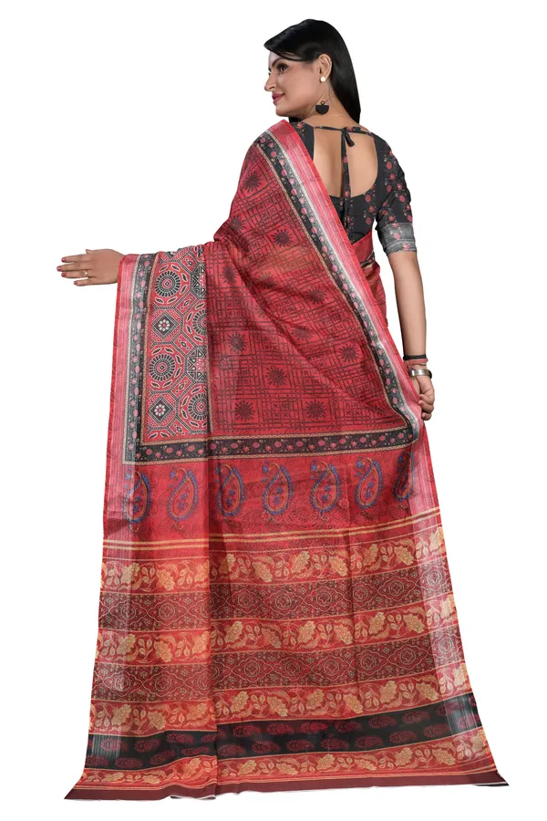 Red_Organza_Silk_Saree_With_Silver_Zari_Border_And_Blouse_Piece