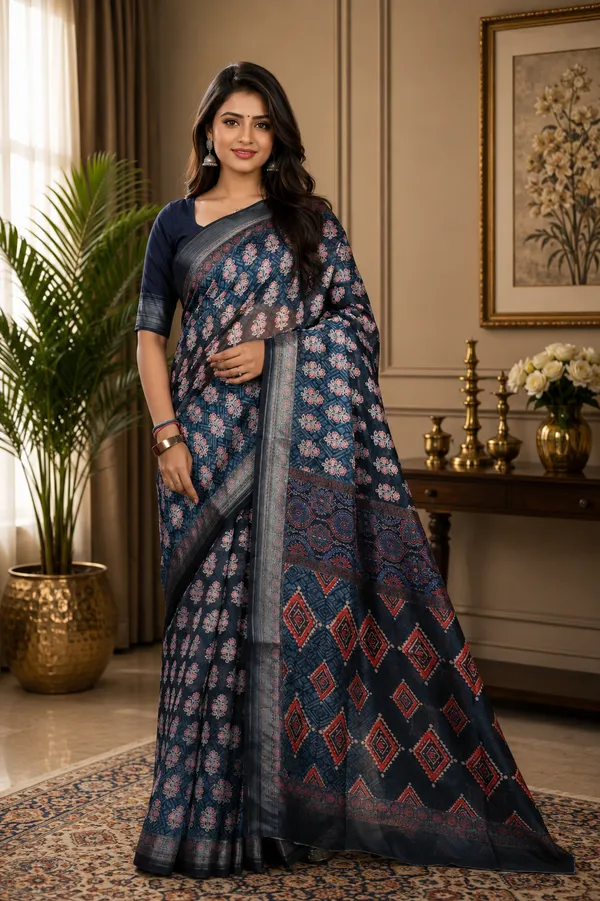 Blue_Organza_Silk_Saree_With_Silver_Zari_Border_And_Blouse_Piece
